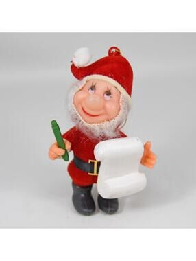 VTG Flocked Christmas Elf with Santa's Naughty Nice List Ornament 1960s Plastic